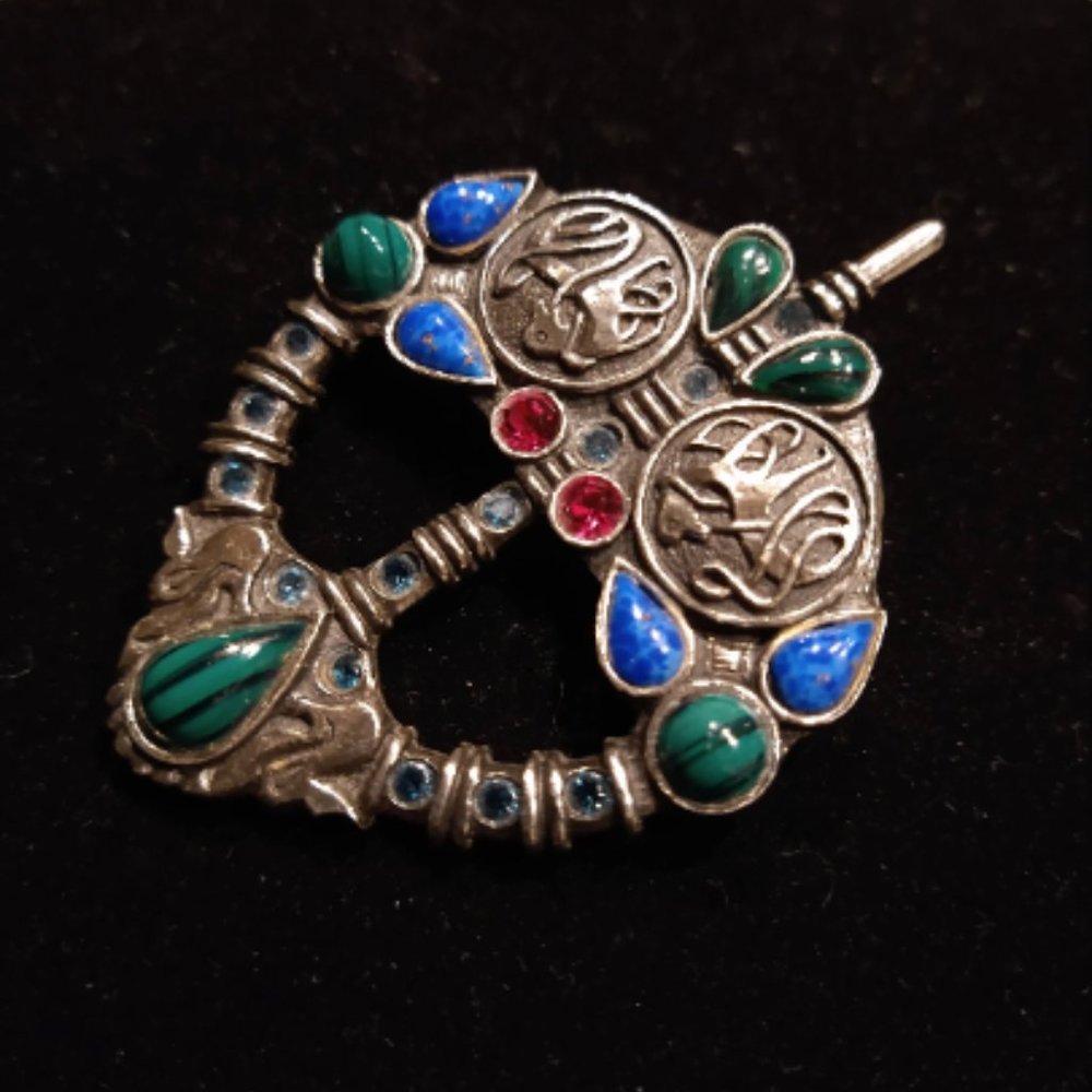 Vtg Signed SOLOOR Celtic Gemstone Highlander Brooch-Kilt Pin Green-Blue-Fuchsia